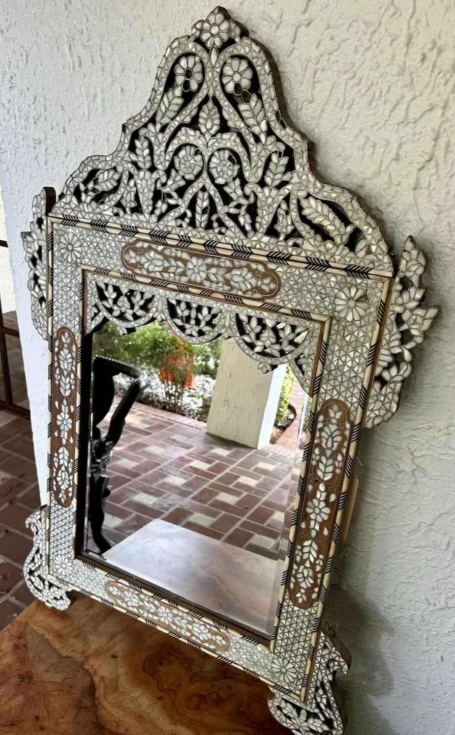Vintage Antique Moorish Mother of Pearl & Bone Inlaid Wall Mirror