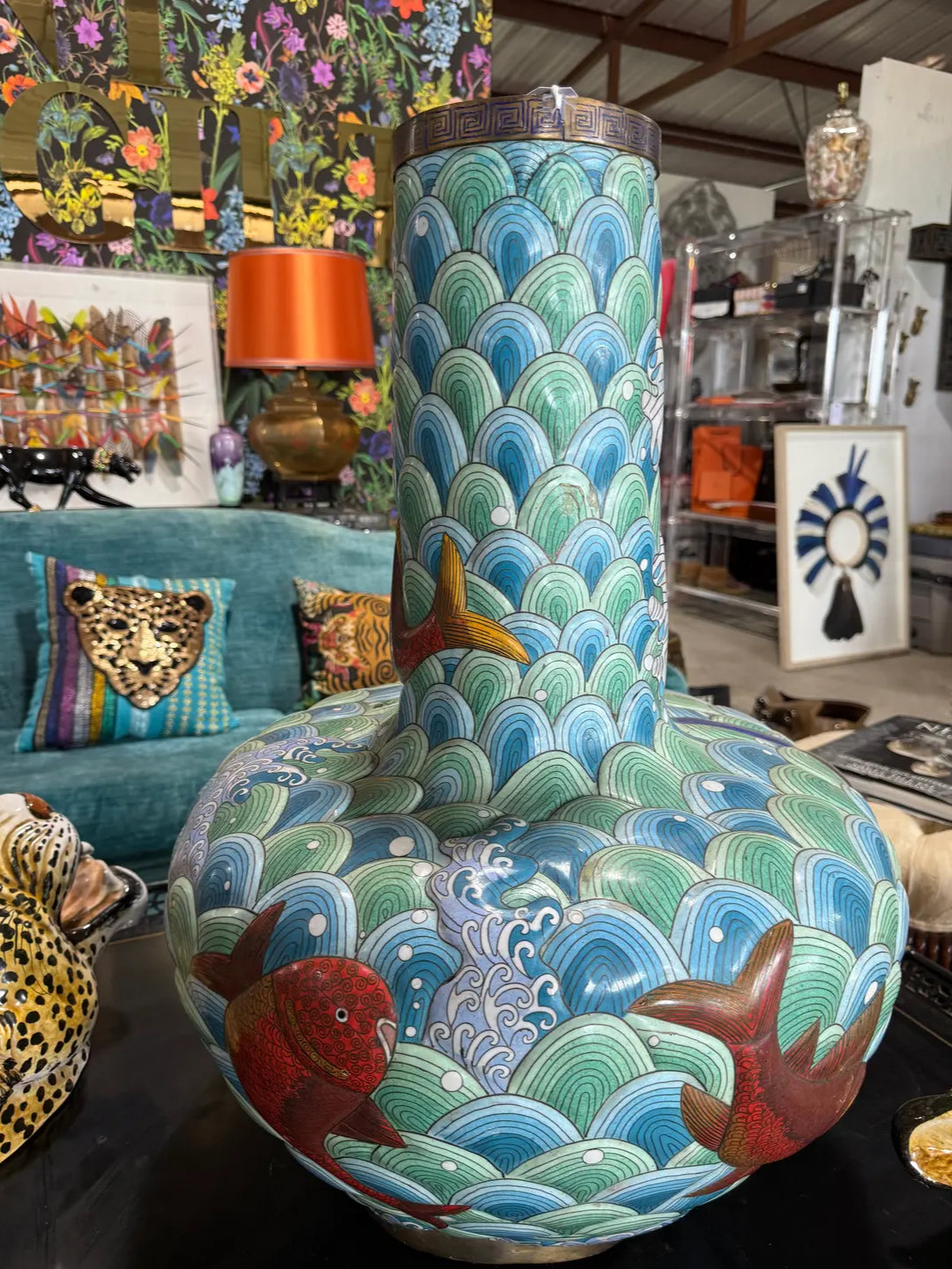 Large Antique Japanese Cloisonne Enamel Vase With Koi Fish