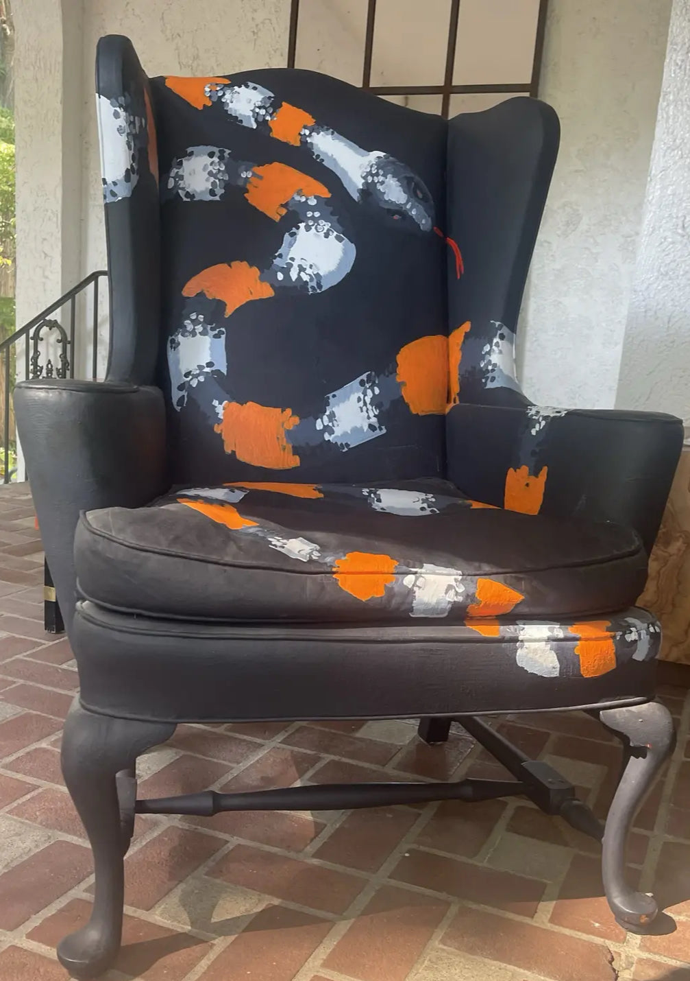 1990s Vintage Wing Chair With Snake Painted Fabric