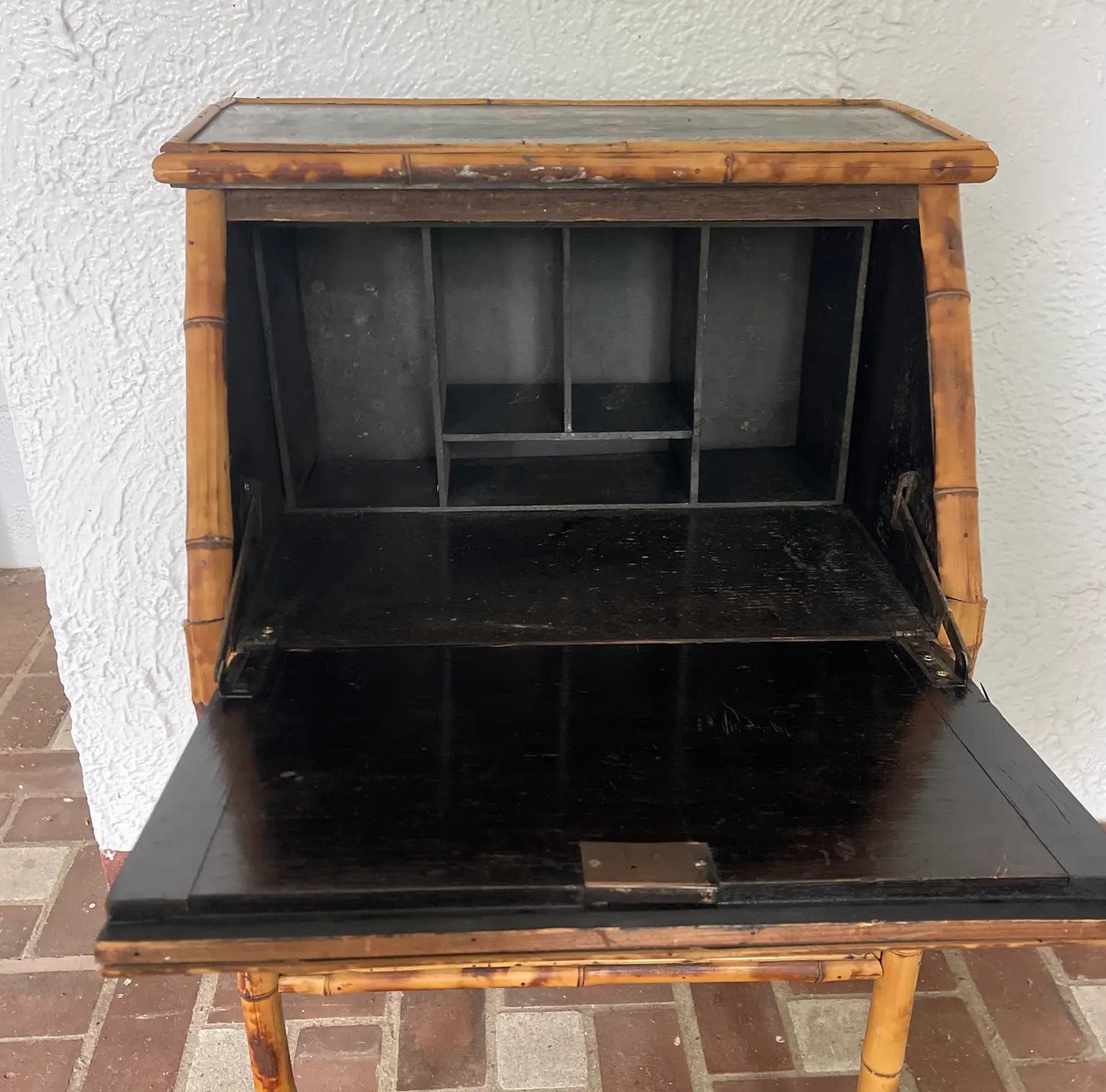 1950s Vintage English Tortoise Bamboo Slant Front Desk