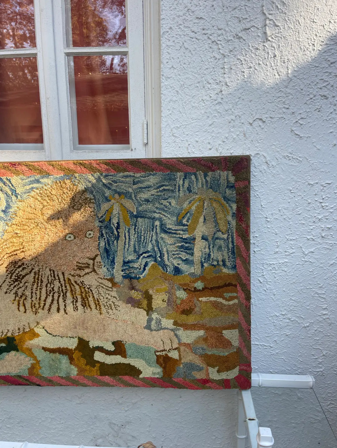 Large Antique Hooked Rug of a Lion With Palms
