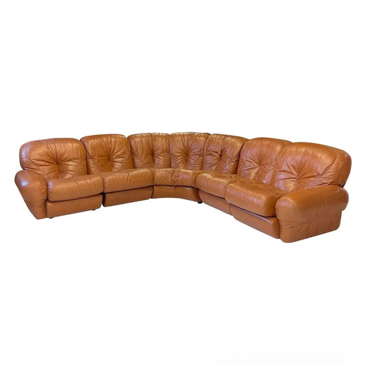 1970s Vintage Mid-Century Cognac Leather Sectional Sofa