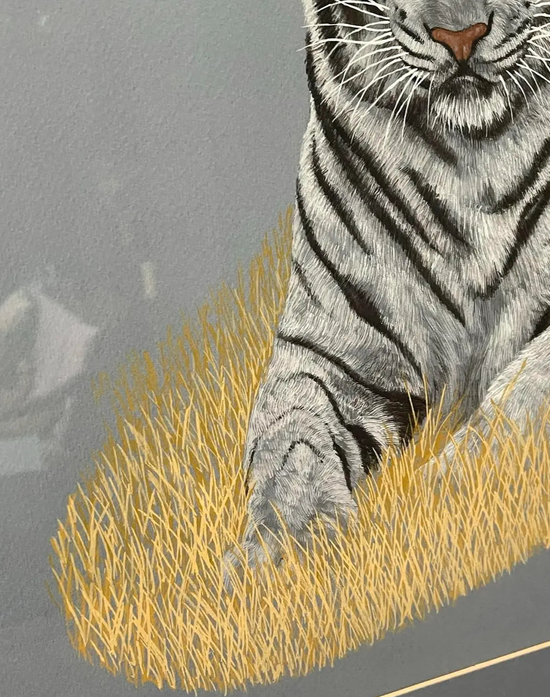 1970s Painting of a White Tiger, Framed