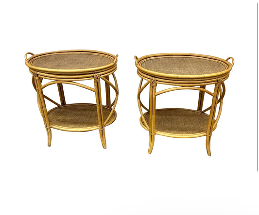 A Pair of Vintage Mid 30th Century McGuire Coastal Bent Bamboo and Rattan Oval Bar Tables With Removable Serving Trays