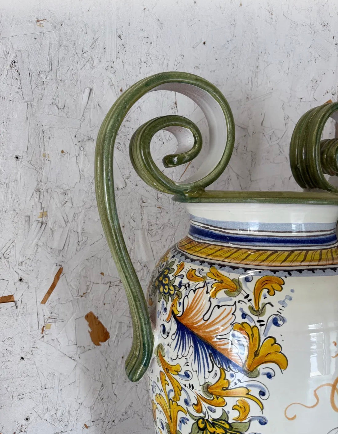 Mid 20th Century Hand-Painted Italian Majolica Ceramic Amphora Floor Vase With Caffagiolo Pattern