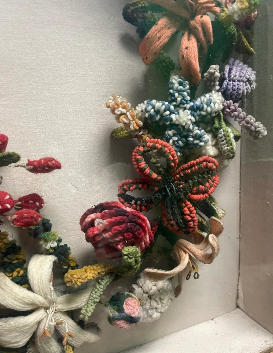 Late 19th Century Victorian Felt Art Memorial Wreath in Shadow Box