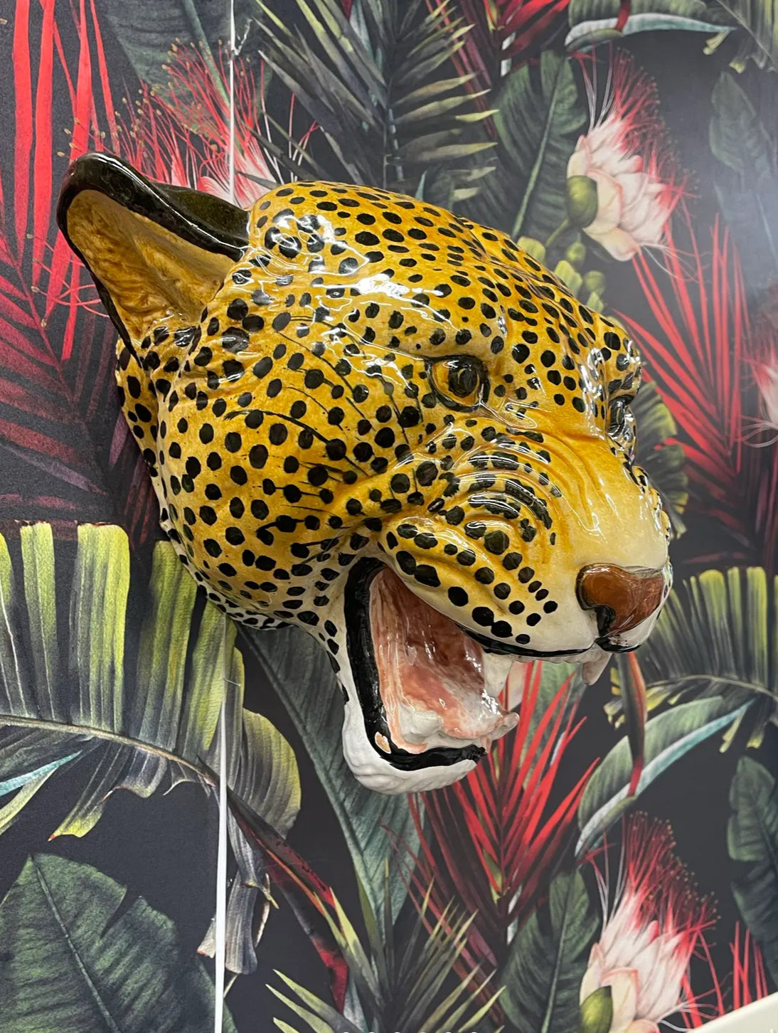 Pair of Vintage 1970s Italian Glazed Terra Cotta Leopard Wall Sculptures