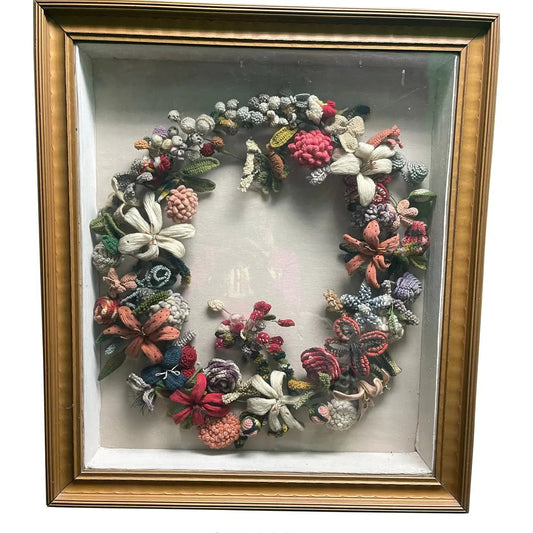 Late 19th Century Victorian Felt Art Memorial Wreath in Shadow Box