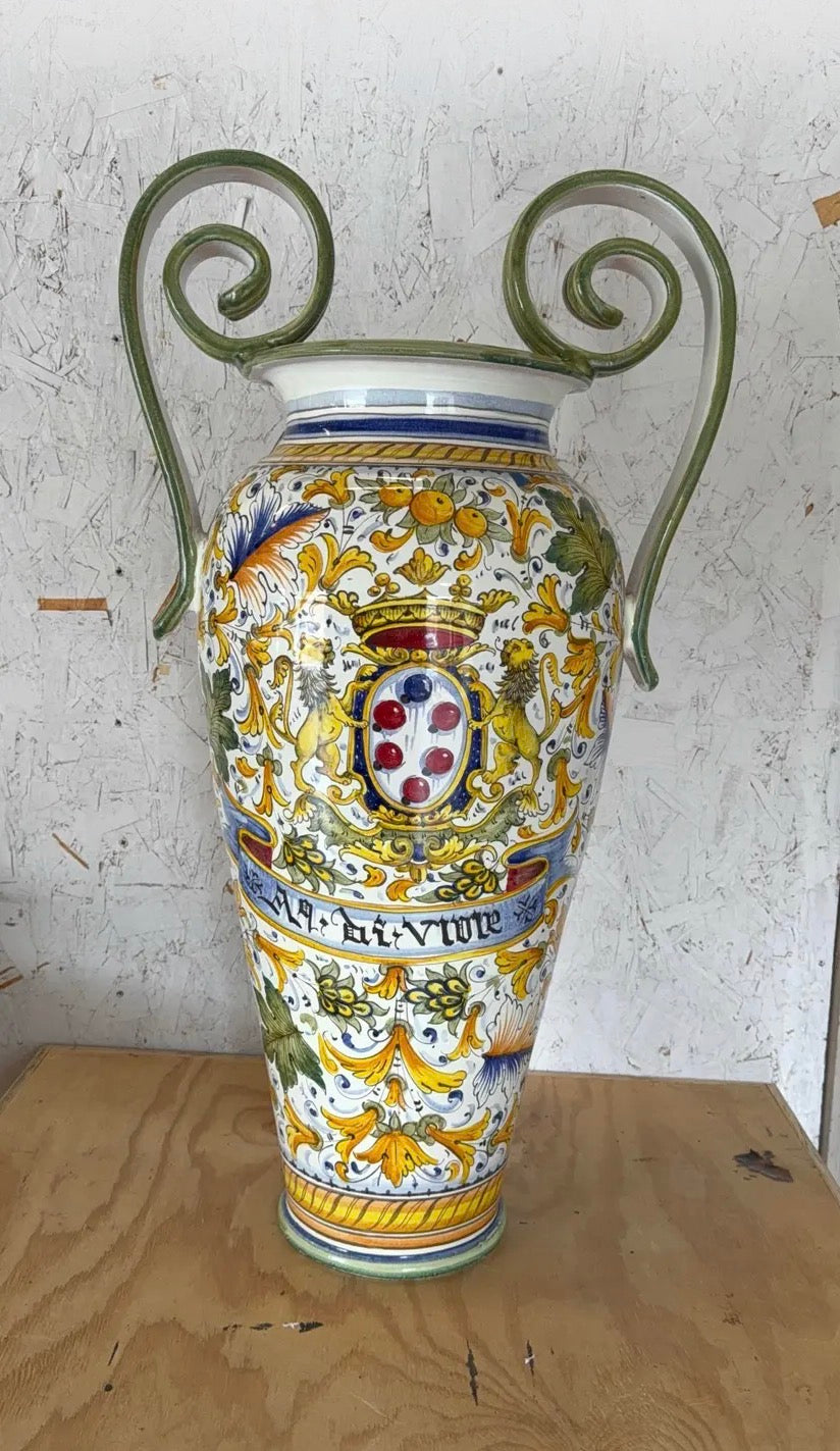 Mid 20th Century Hand-Painted Italian Majolica Ceramic Amphora Floor Vase With Caffagiolo Pattern