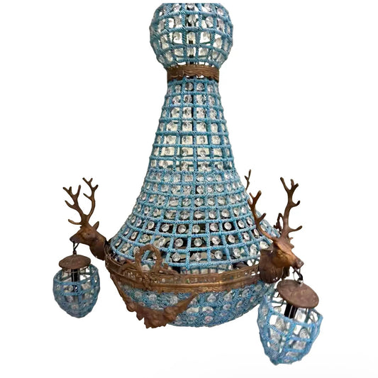 Vintage French Blue Crystal Beaded Brass Stag Deer Head Chandelier