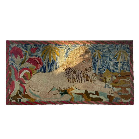 Large Antique Hooked Rug of a Lion With Palms