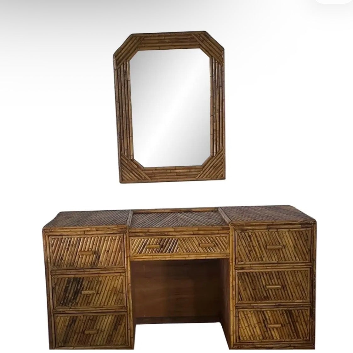 Vintage Coastal Split Rattan Vanity and Mirror, 2 Pieces