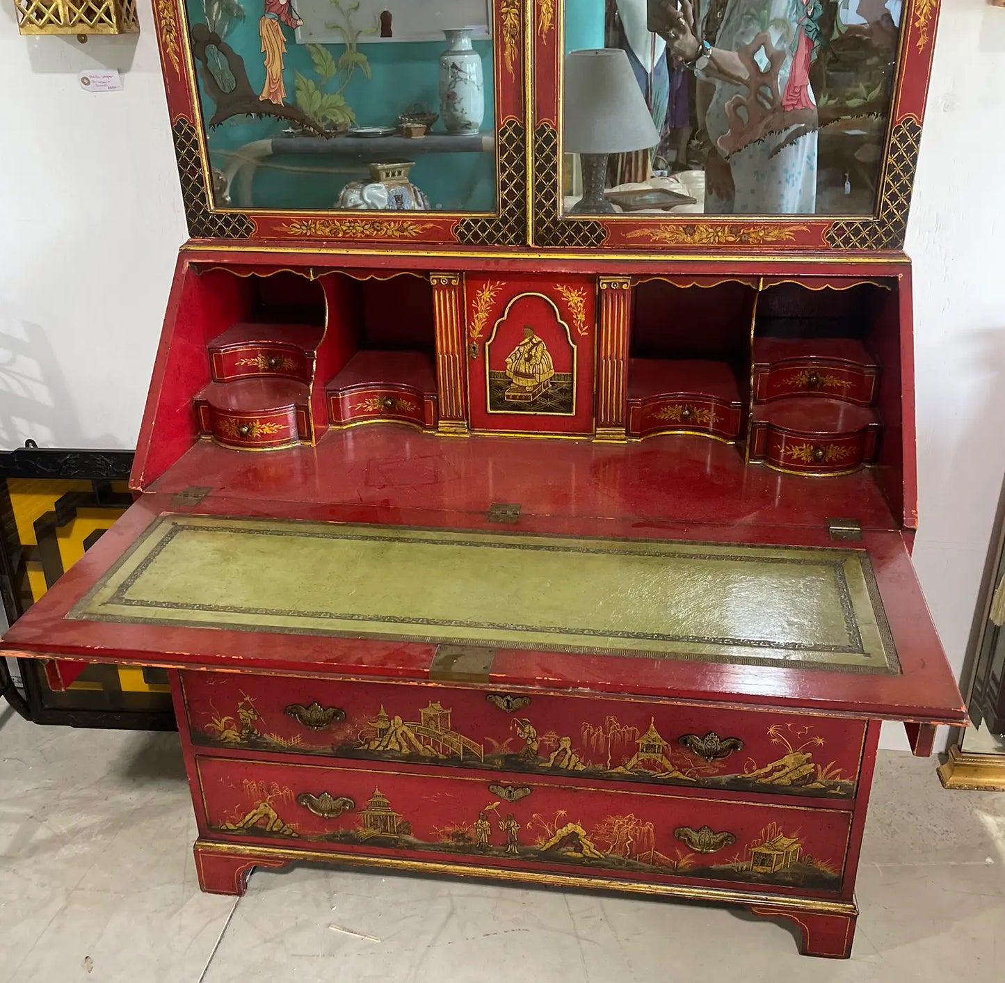 1970s Vintage Red Chinoiserie Secretary Desk