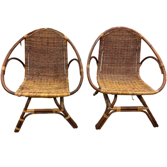 1970s Pair of Vintage Bamboo and Wicker Armchairs
