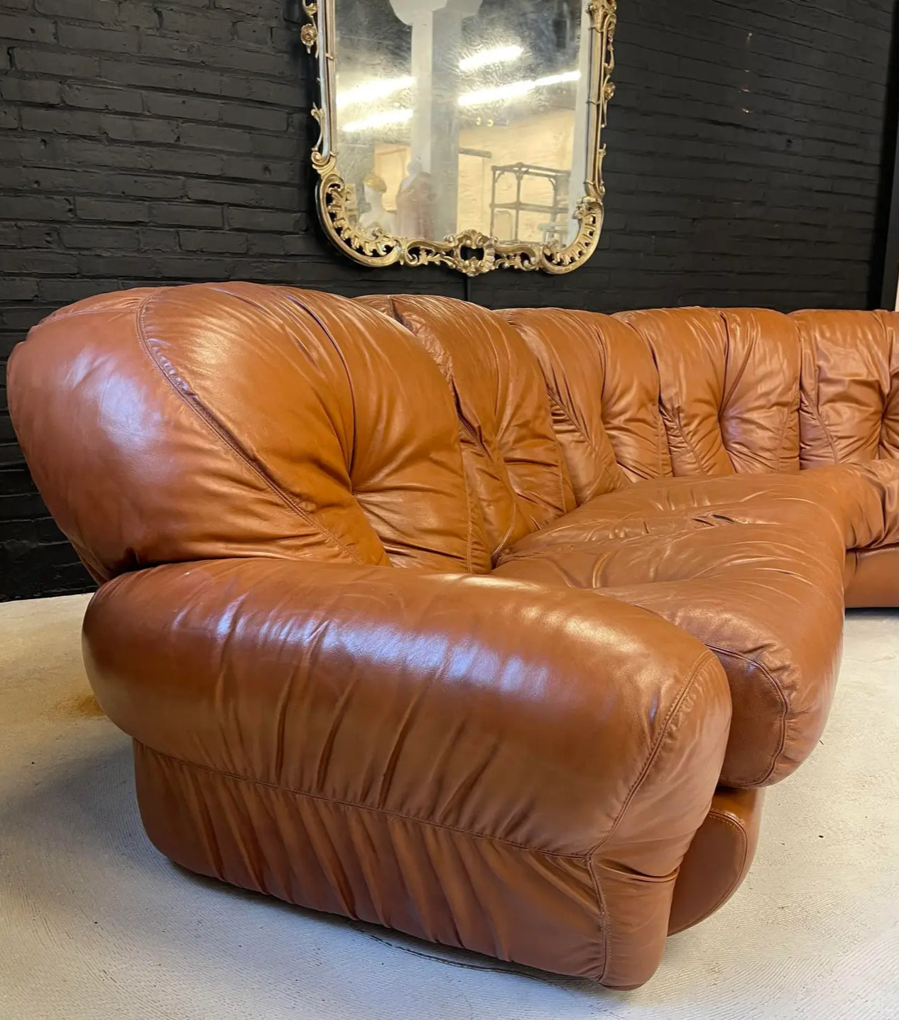 1970s Vintage Mid-Century Cognac Leather Sectional Sofa