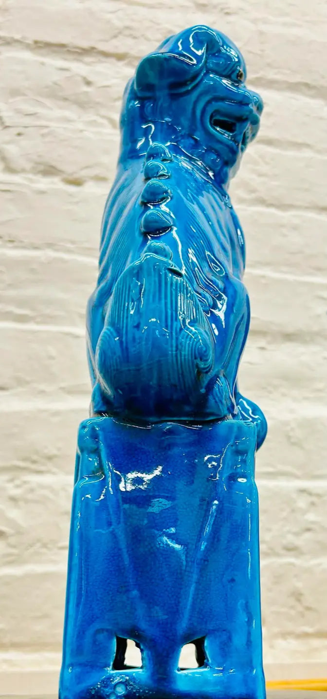 Pair of Vintage Mid-Century Modern Cobalt Blue Chinese Porcelain Mounted Foo Dogs