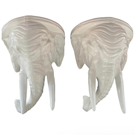 Pair of 1970s Palm Beach Regency Elephant Ceramic Wall Brackets