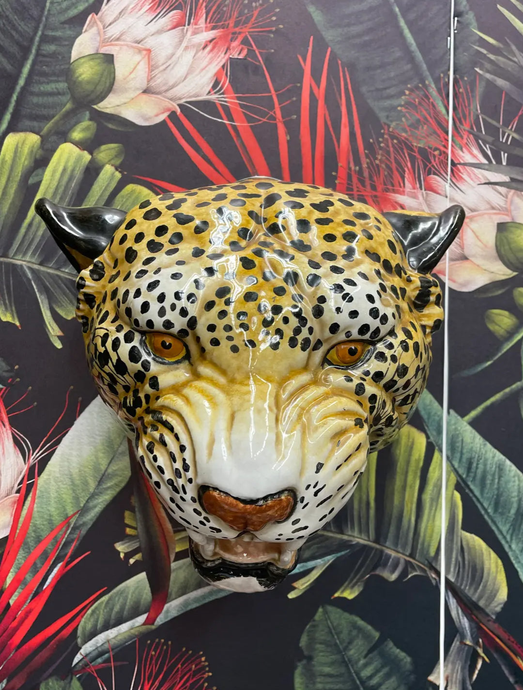 Pair of Vintage 1970s Italian Glazed Terra Cotta Leopard Wall Sculptures