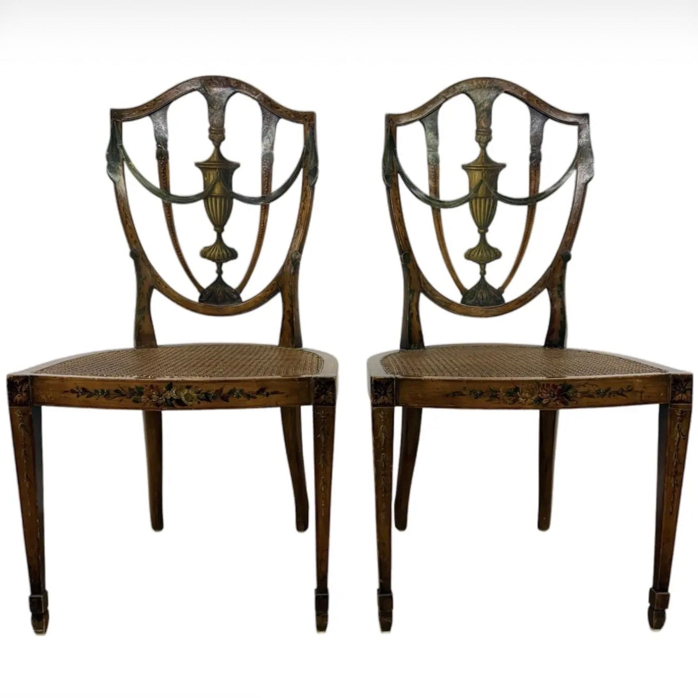 Pair of Antique 19th Century English Federal Hepplewhite Caned Side Chairs
