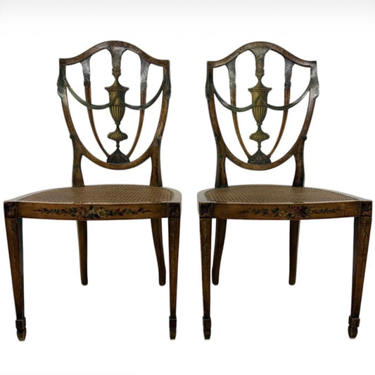 Pair of Antique 19th Century English Federal Hepplewhite Caned Side Chairs
