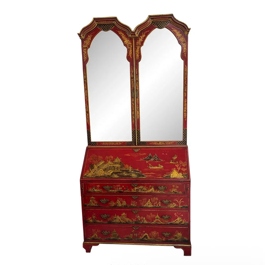 1970s Vintage Red Chinoiserie Secretary Desk