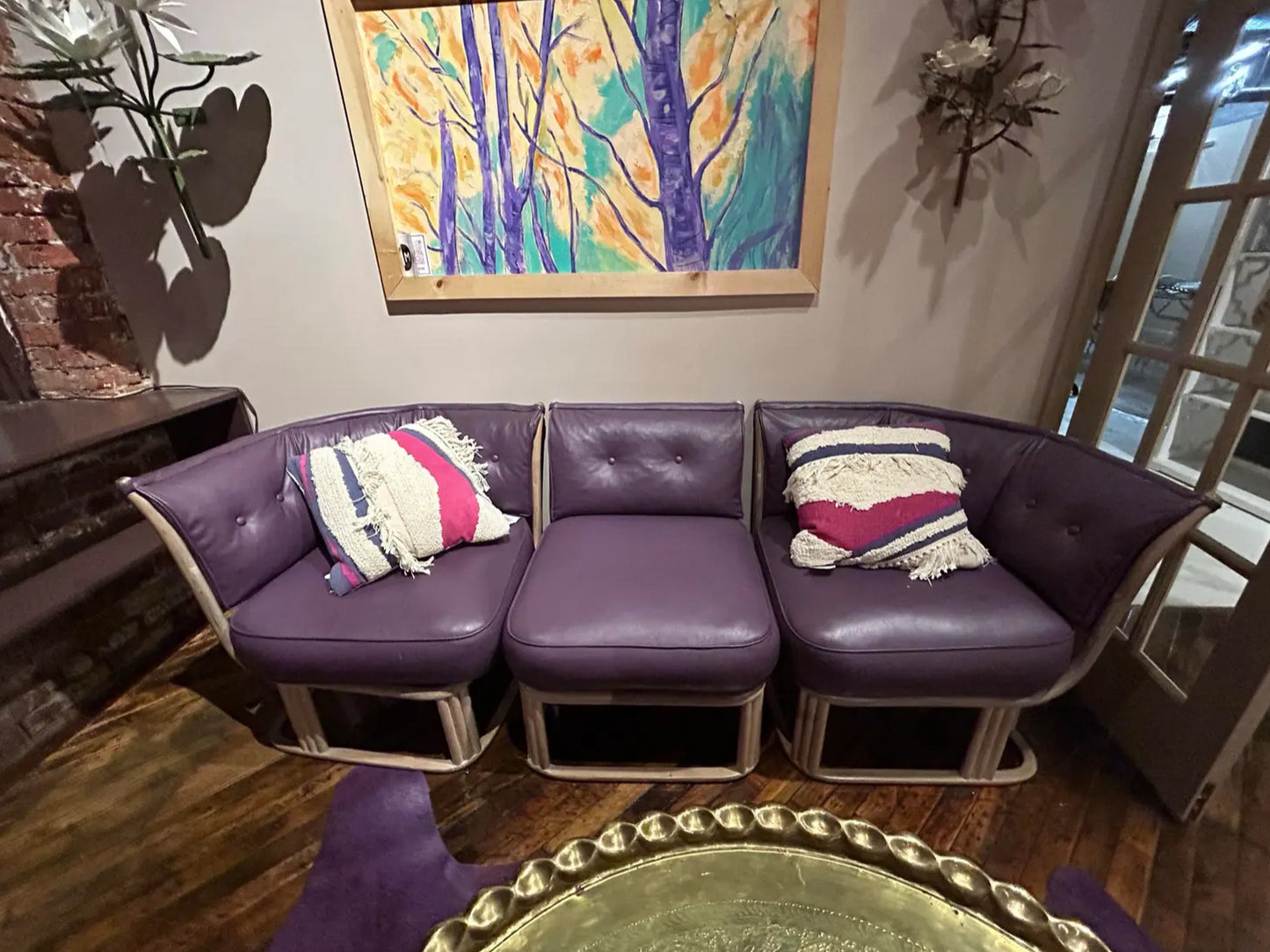 Mid 20th Century Vintage Purple Leather & Teak 3 Piece Sectional Sofa