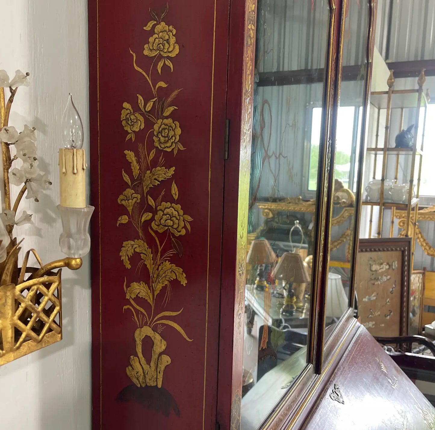 1970s Vintage Red Chinoiserie Secretary Desk