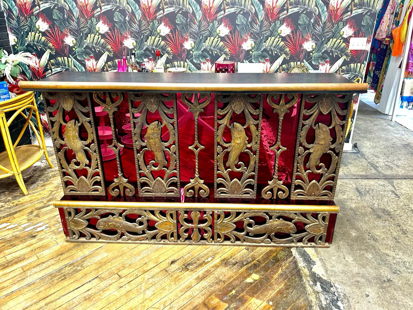 Vintage Red Art Deco Style Bar With Pierced Metal Work