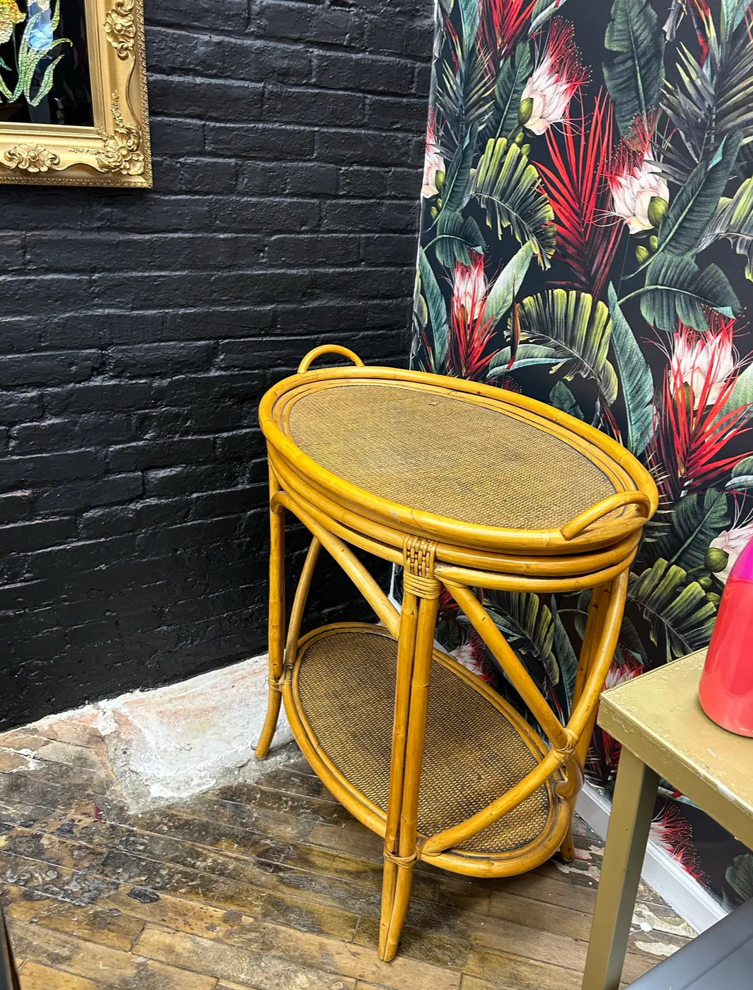 A Pair of Vintage Mid 30th Century McGuire Coastal Bent Bamboo and Rattan Oval Bar Tables With Removable Serving Trays