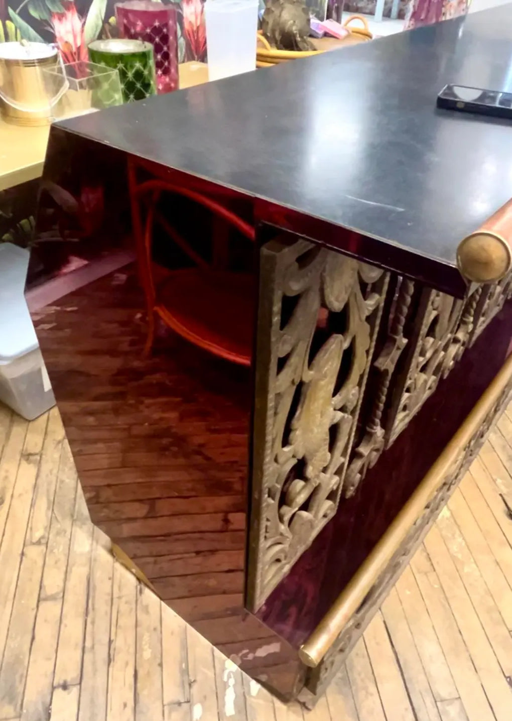 Vintage Red Art Deco Style Bar With Pierced Metal Work