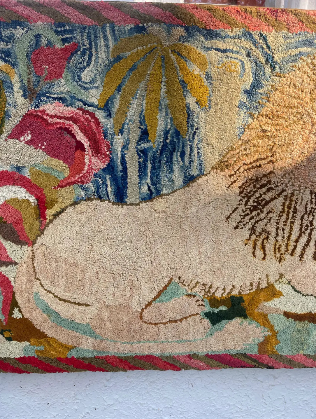Large Antique Hooked Rug of a Lion With Palms