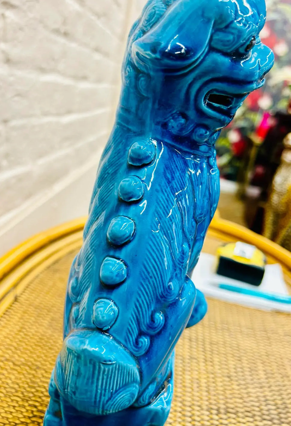 Pair of Vintage Mid-Century Modern Cobalt Blue Chinese Porcelain Mounted Foo Dogs