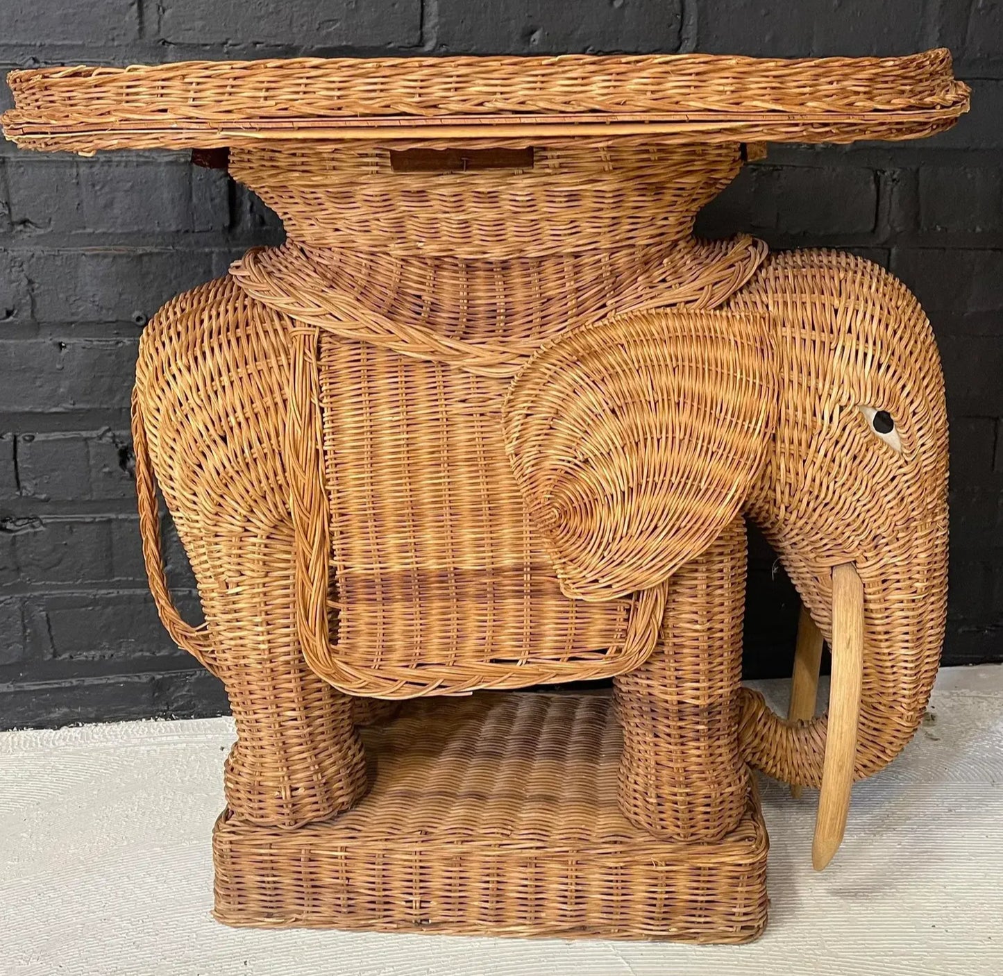 1960s Mid-Century Wicker Elephant Shaped Table With a Tray Top