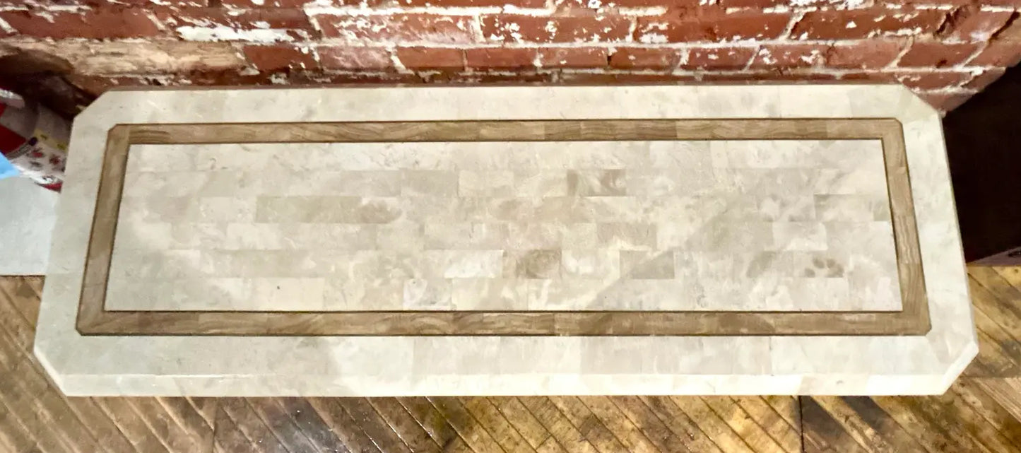 Tessellated Stone Tile Faceteed Console Sofa Table With Brass Inlay Border