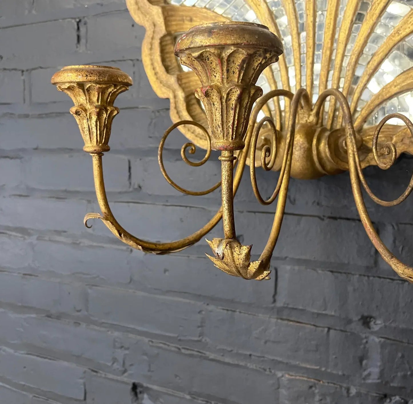1980s Gilt Carved Shell Mosaic Mirror With a Three-Branch Sconce Arm