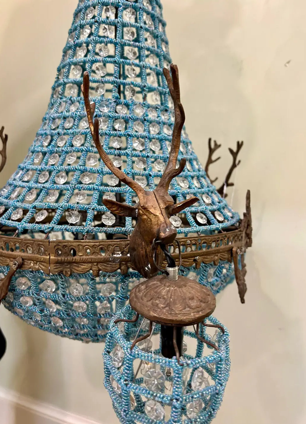 Vintage French Blue Crystal Beaded Brass Stag Deer Head Chandelier