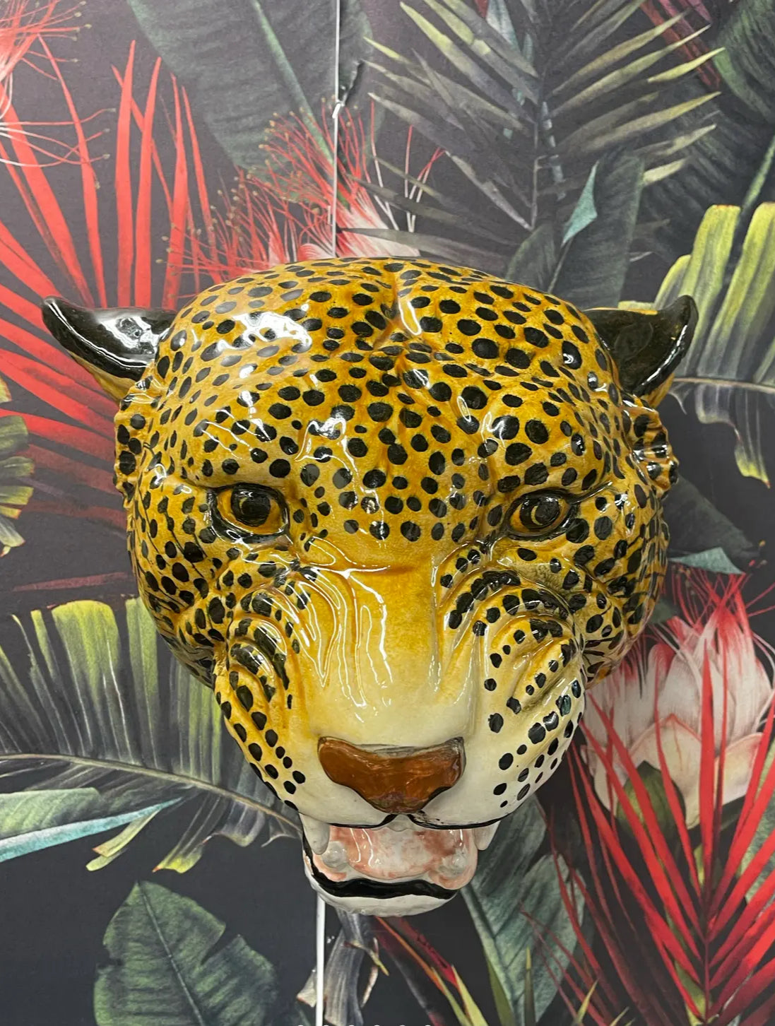 Pair of Vintage 1970s Italian Glazed Terra Cotta Leopard Wall Sculptures