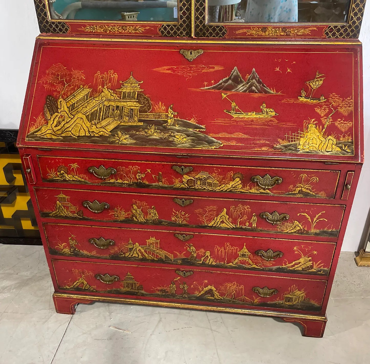 1970s Vintage Red Chinoiserie Secretary Desk