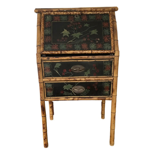 1950s Vintage English Tortoise Bamboo Slant Front Desk