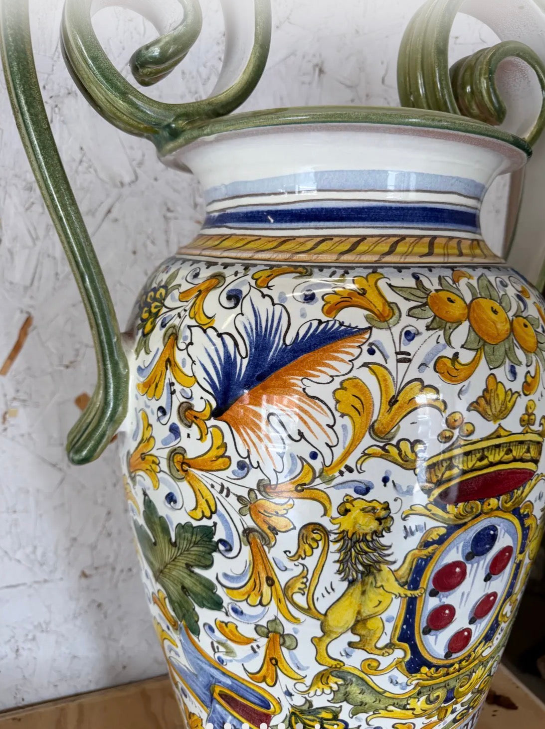 Mid 20th Century Hand-Painted Italian Majolica Ceramic Amphora Floor Vase With Caffagiolo Pattern