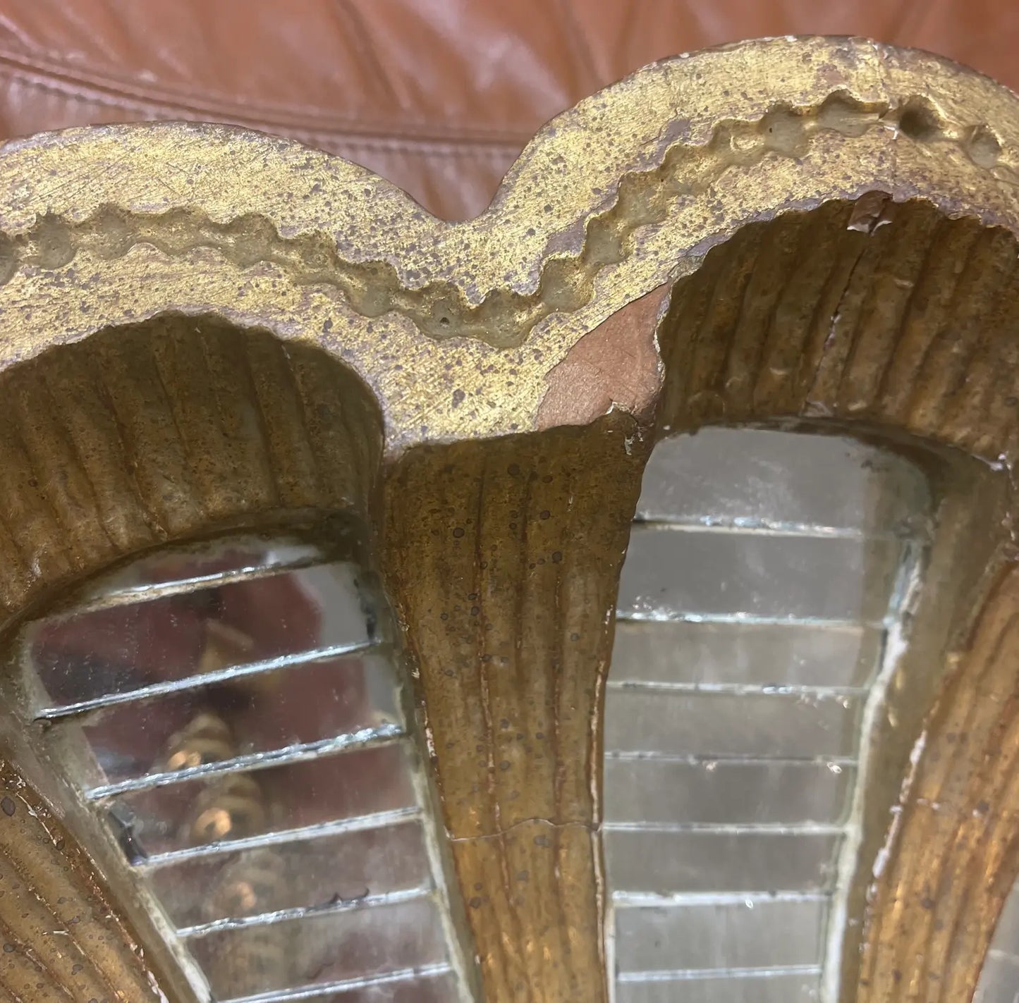 1980s Gilt Carved Shell Mosaic Mirror With a Three-Branch Sconce Arm