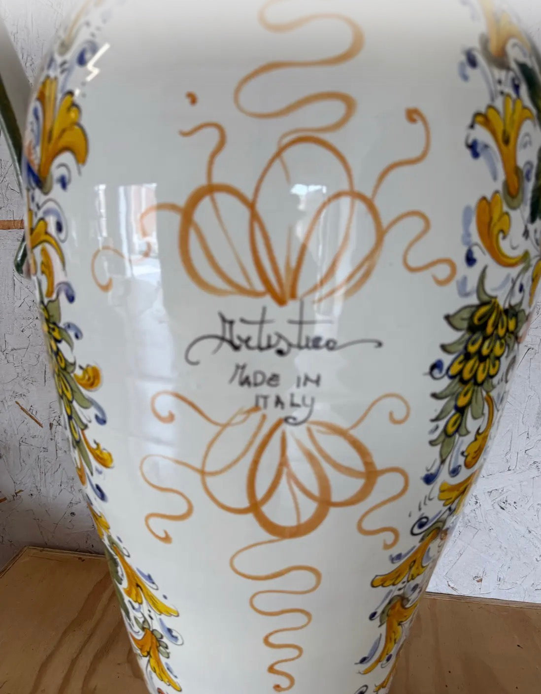 Mid 20th Century Hand-Painted Italian Majolica Ceramic Amphora Floor Vase With Caffagiolo Pattern