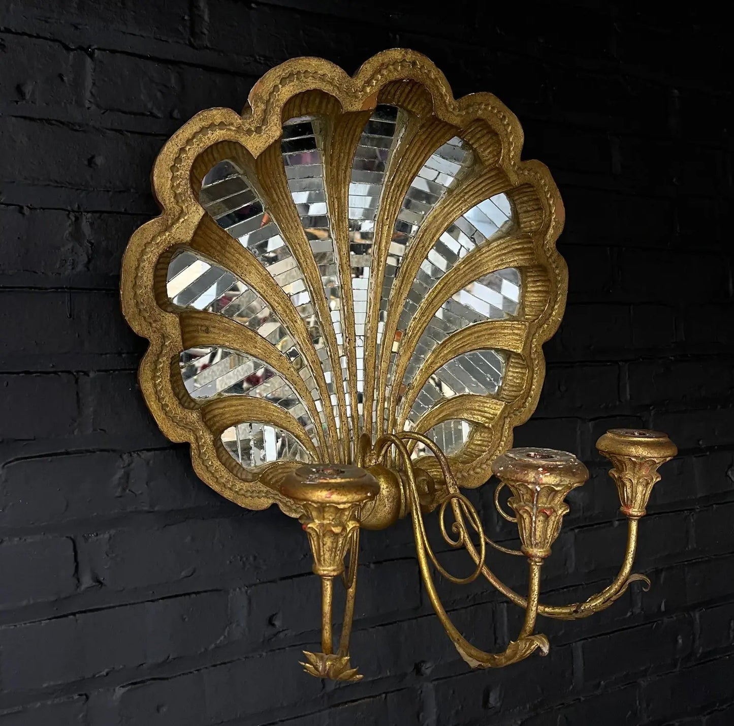 1980s Gilt Carved Shell Mosaic Mirror With a Three-Branch Sconce Arm