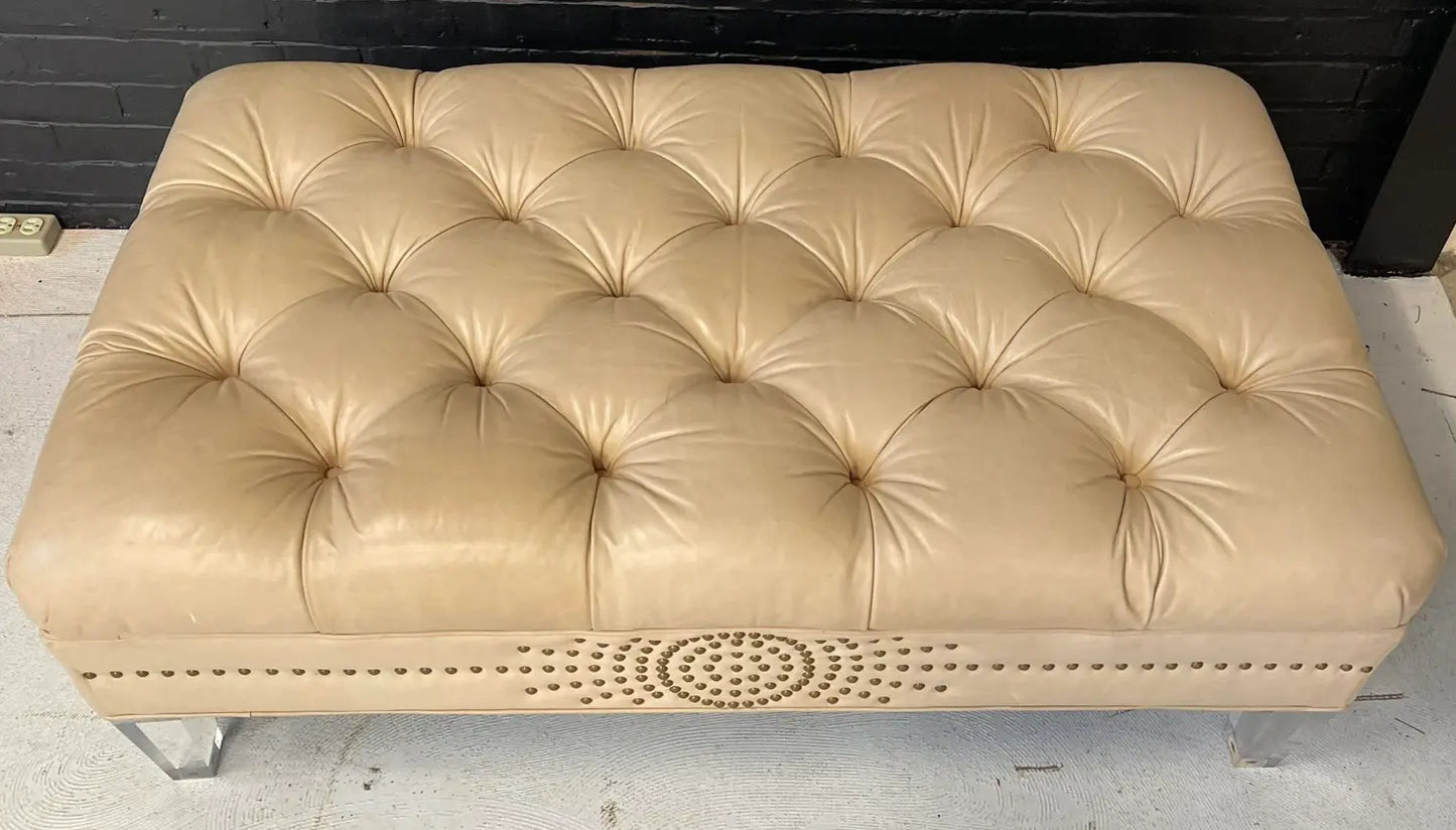 Pre-Owned Laine Cream Leather Ottoman With Brass Tack Embellishments and Lucite Legs