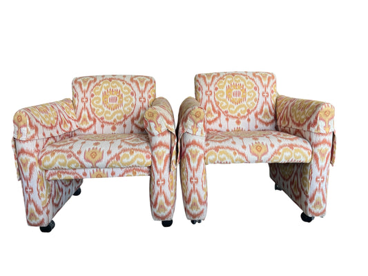 Vintage Pair of Upholstered Ikat Armchairs