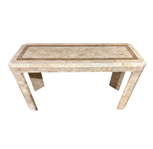 Tessellated Stone Tile Faceteed Console Sofa Table With Brass Inlay Border