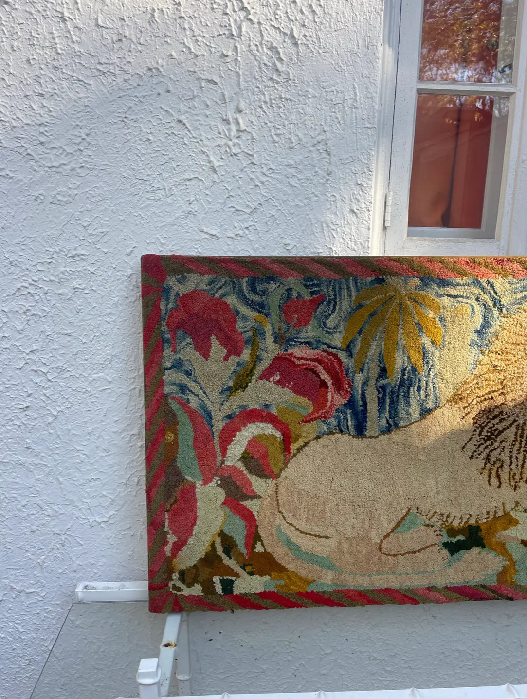 Large Antique Hooked Rug of a Lion With Palms