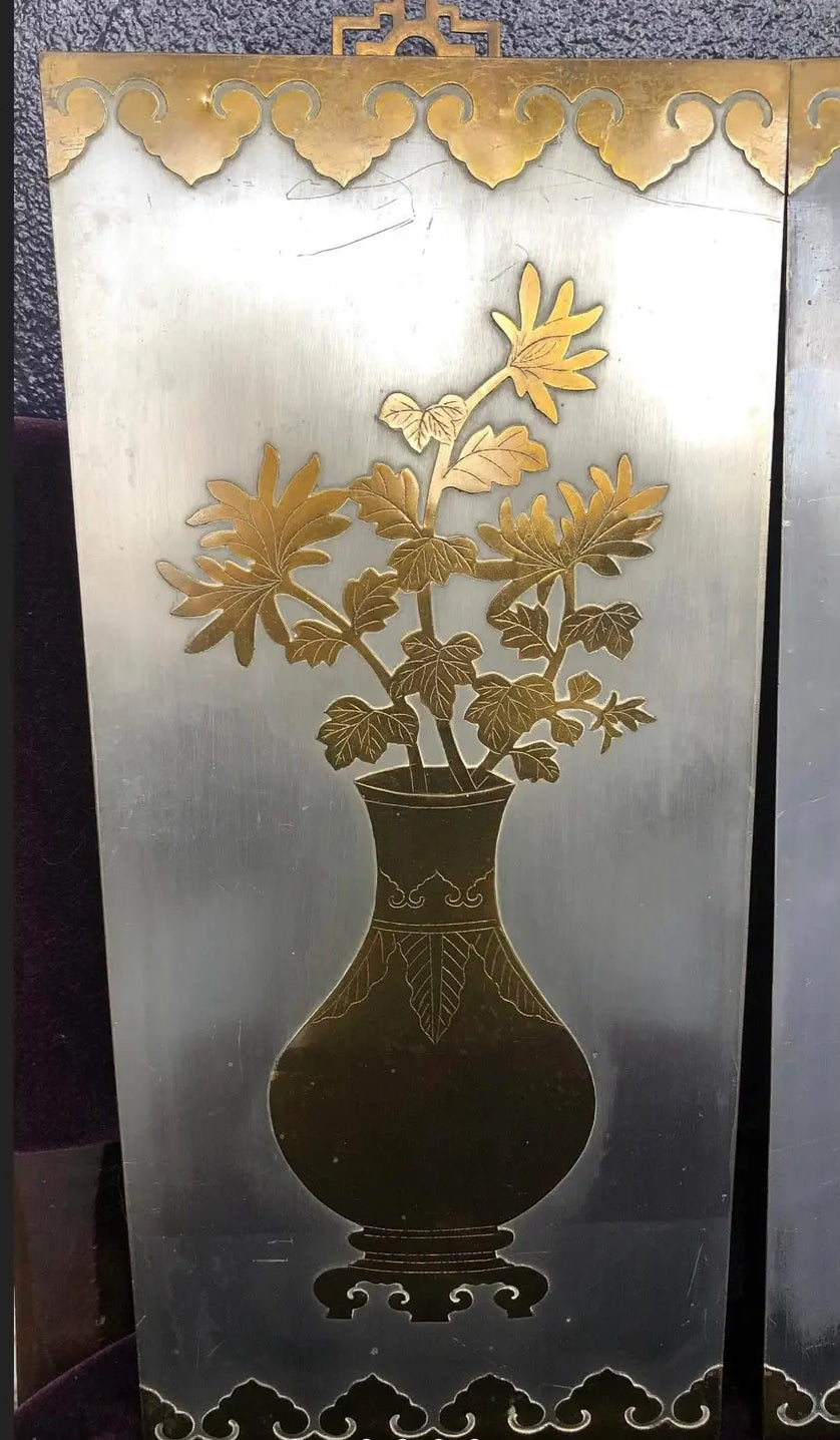 Pair of Vintage Pewter and Brass Wall Plaques Made in Hong Kong