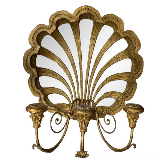 1980s Gilt Carved Shell Mosaic Mirror With a Three-Branch Sconce Arm