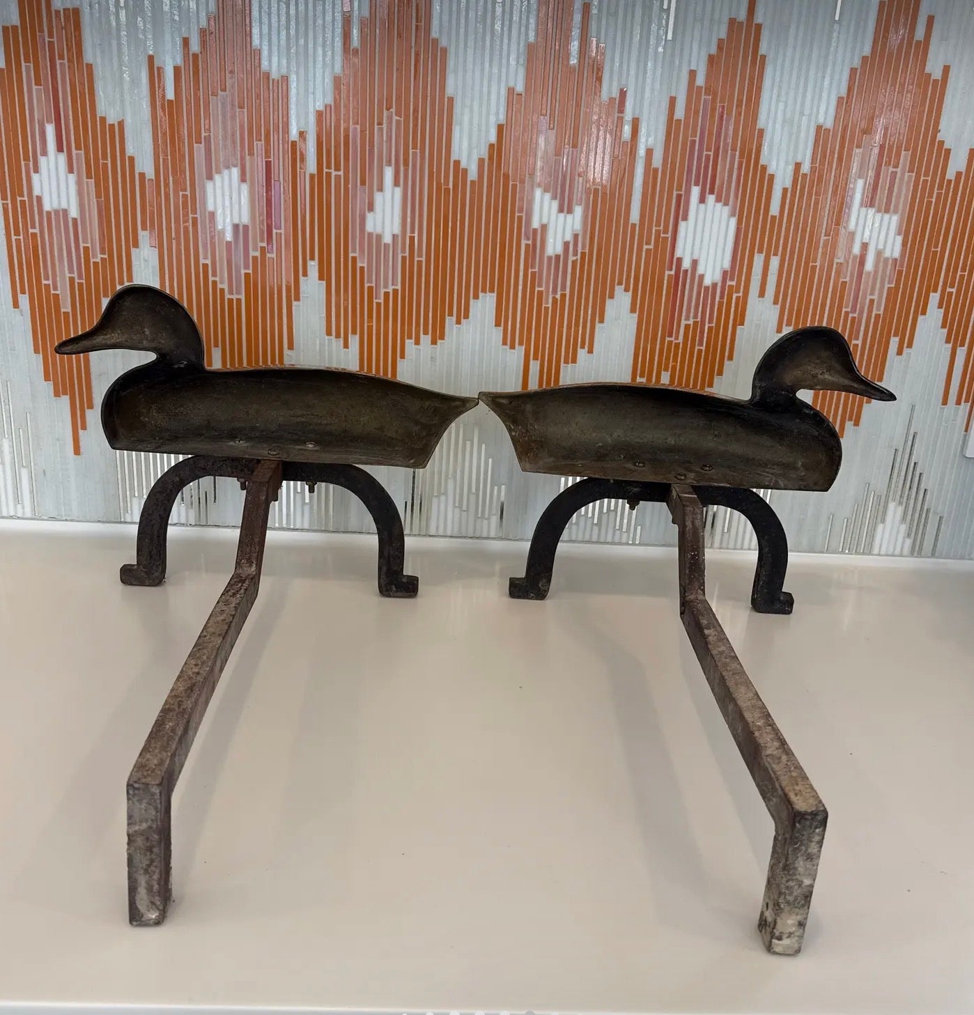Pair of Vintage Brass Duck Andirons
